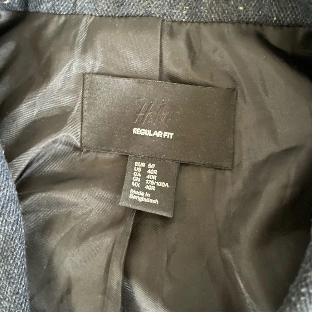 H&M Men’s Regular Fit Wool Blend Blazer Sport Coat Navy Elbow Patch Size 40R